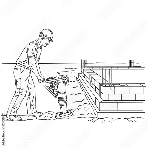 A construction worker uses a plate compactor to compact soil at a building site, ensuring a solid foundation for the structure.