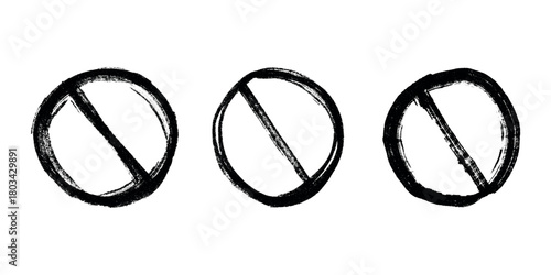 Set of hand drawn prohibition sign No entry symbol Black circle with cross line clipart in doodle style Ban Restriction Forbidden stop Single element for print, web, design