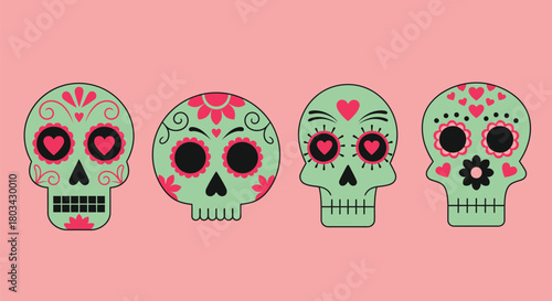 Day of the dead sugar skulls vector illustration pink background