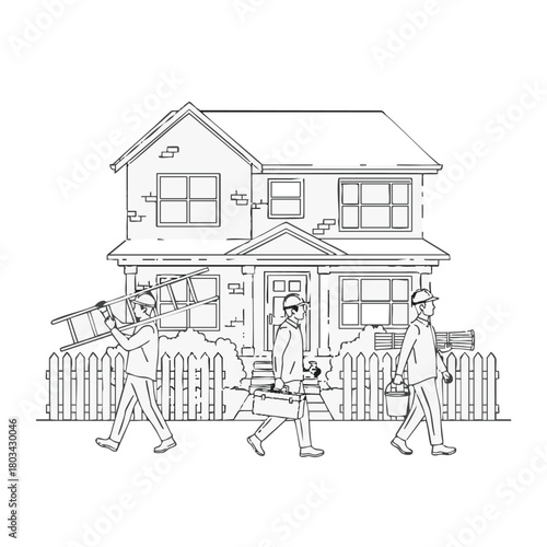 Three construction workers walk towards a house, carrying tools and equipment, preparing for home renovation or repair work.