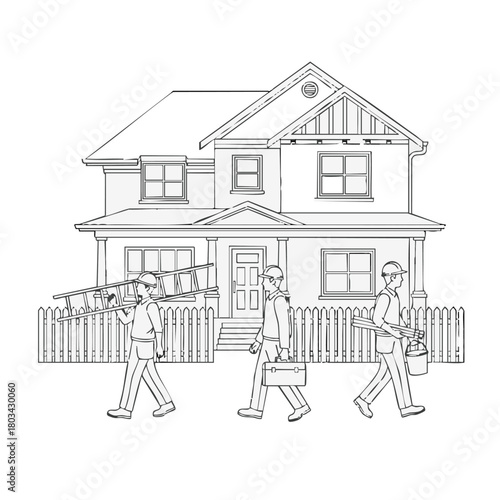 A black and white illustration depicts three workers approaching a house, carrying tools for home improvement and construction tasks.