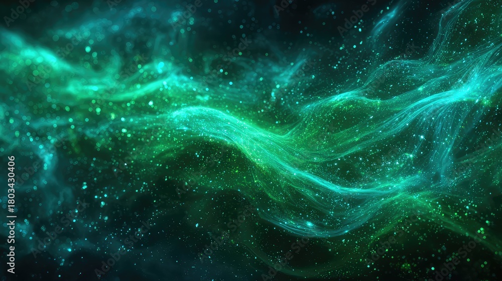 Fototapeta premium Abstract green and blue wavy nebula with particles