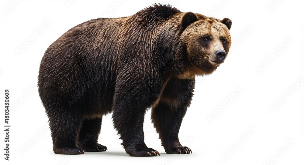 Fototapeta premium Strong brown bear stands calmly illuminated by bright studio lighting on a pure white background. AI Generated
