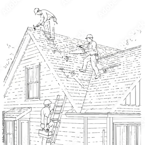 Three roofers work together on a residential house, one on a ladder, others on the roof repairing shingles, in a detailed line drawing.