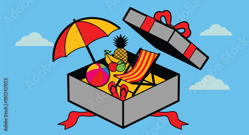 Summer vacation gift box with beach umbrella and tropical fruits art