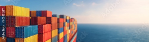 International Economic Policy,Colorful shipping containers stacked near the ocean under a bright sky