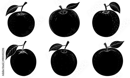 Illustration of six black and white plums with leaves in a woodcut style arrangement on a white background