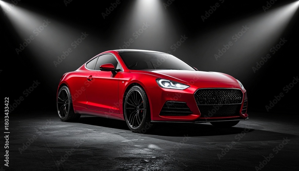 Fototapeta premium Sleek red sports car under dramatic lighting in dark studio, showcasing aerodynamic design and glossy finish.