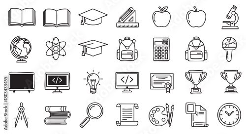 Back to School Education Icons Doodle Collection in Black and White