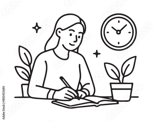 Focused student studying with notebook in minimalist workspace, plant and clock providing serene and productive atmosphere for learning and creativity