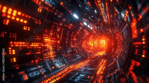 Fototapeta Naklejka Na Ścianę i Meble -  Futuristic server tunnel moving glowing red data bytes