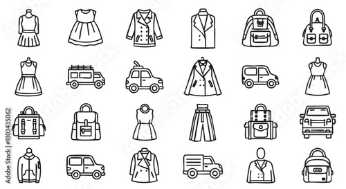 Collection of Clothing and Transportation Icons in Black and White Style