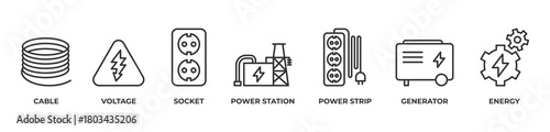 VoltEdge Energy Icons set vector illustration with outline Cable , Voltage, Socket, Power station, Power strip, Generator, Energy