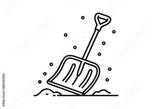 Line art illustration of snow shovel outdoors during a winter snowfall minimal design vector outline icon clean modern design