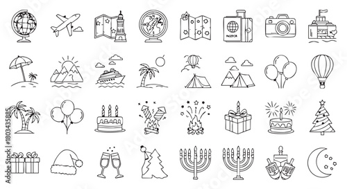 Collection of hand drawn travel and celebration icons vector illustration