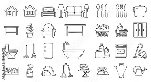 Collection of household objects and furniture line art illustration pattern