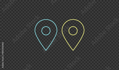 Two neon location pointers on a dark transparent background