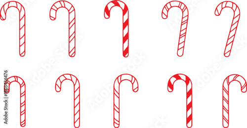 Collection of ten hand drawn watercolor Christmas candy canes.