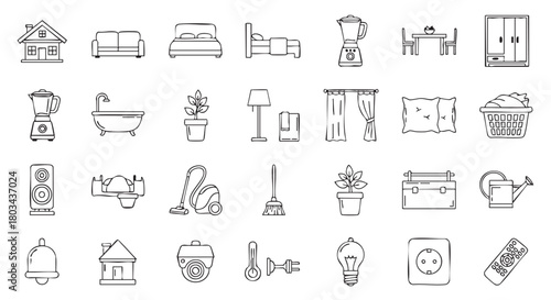 Collection of various household objects line art illustration on white backdrop