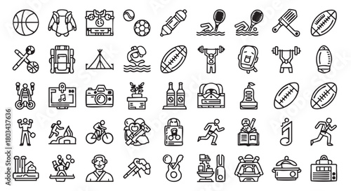 Diverse outline icon set representing sports recreation and travel activities