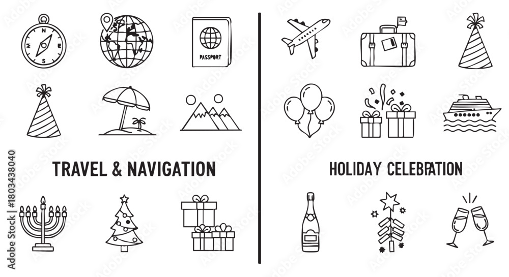 Naklejka premium Doodle art style illustration with travel vacation and holiday icons