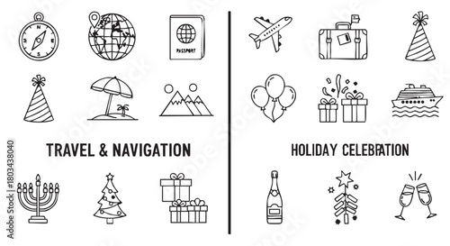 Doodle art style illustration with travel vacation and holiday icons