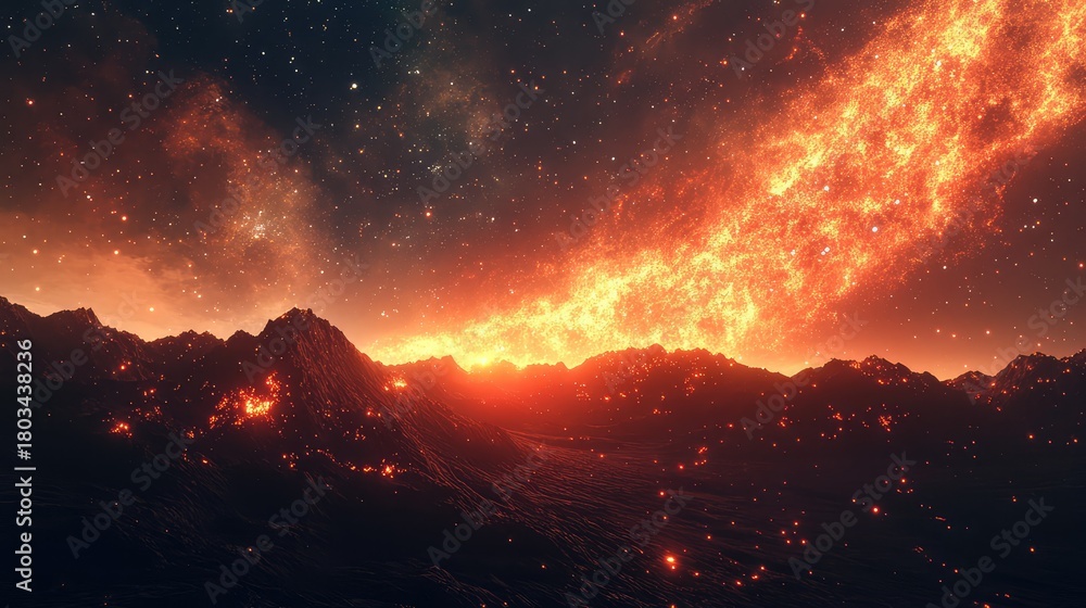 Naklejka premium Volcanic mountains under burning magma galaxy stream