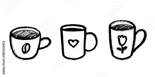 Set of cute hand drawn cup of tea or coffee Simple mug clipart Cozy home doodle Single element for design
