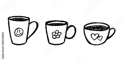 Set of cute hand drawn cup of tea or coffee Simple mug clipart Cozy home doodle Single element for design