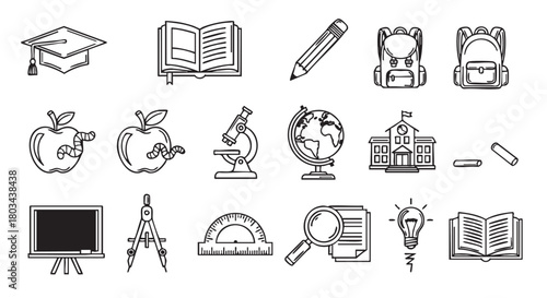 Education and learning vector line art illustration of study tools