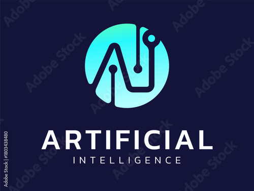 Artificial intelligence with Letter AI circuit board lines overlapping in circle shapes technology Analysis logo vector design concept. AI technology logotype symbol for advance technology, ui, robot.