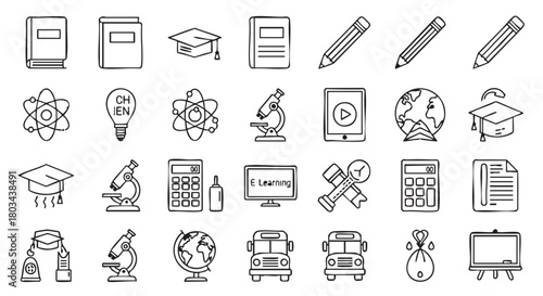 Education and Science Icon Set Black and White Doodle Style