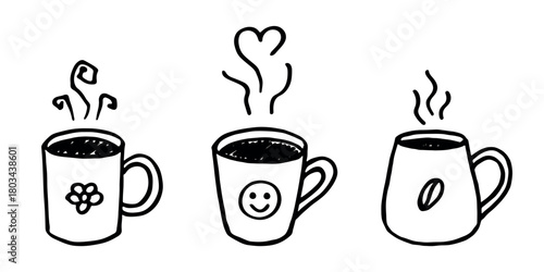 Set of cup of tea or coffee with rising steam Simple mug clipart Cozy home doodle Single element for print, web, design, decor