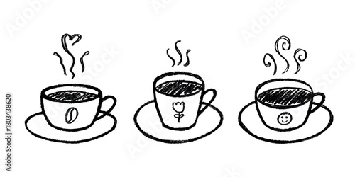 Set of cup of tea or coffee with rising steam Simple mug clipart Cozy home doodle Single element for print, web, design, decor