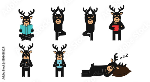 Cute cartoon reindeer character set doing yoga reading sleeping phone