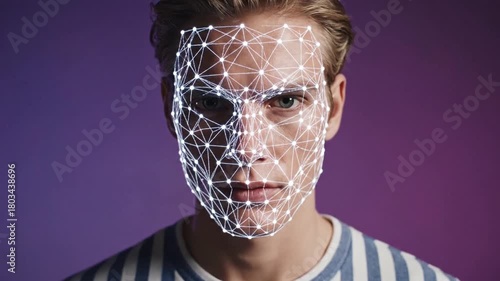 Futuristic Facial Recognition: Young Man's Identity Scanned by Glowing Digital AI Network