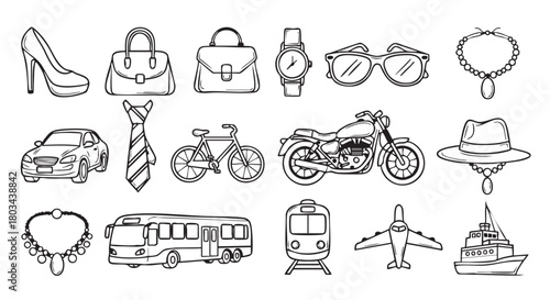 Fashion and Transportation Black and White Outline Icons Collection Graphic Resources