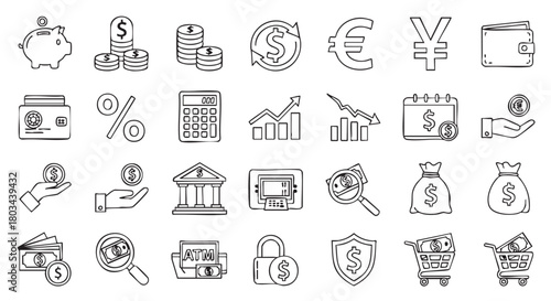 Financial Concept Illustration with Savings Banking and Investment Elements Outline Style