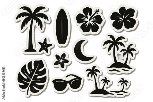 Sticker-style black and white icons: palm, surfboard, hibiscus, starfish, moon, island, sunglasses, leaf.