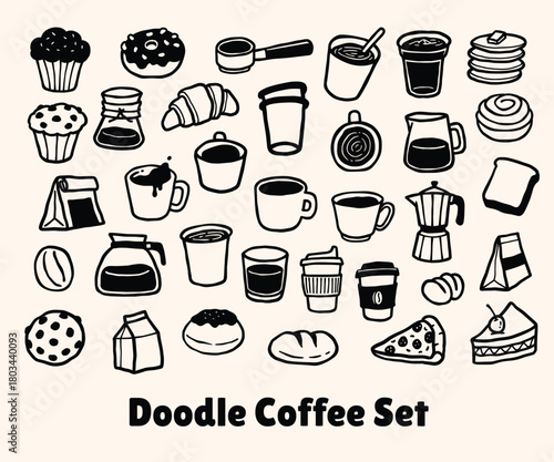 Coffee, Cafe, Bread, Cake Doodle Illustrations Vector Set