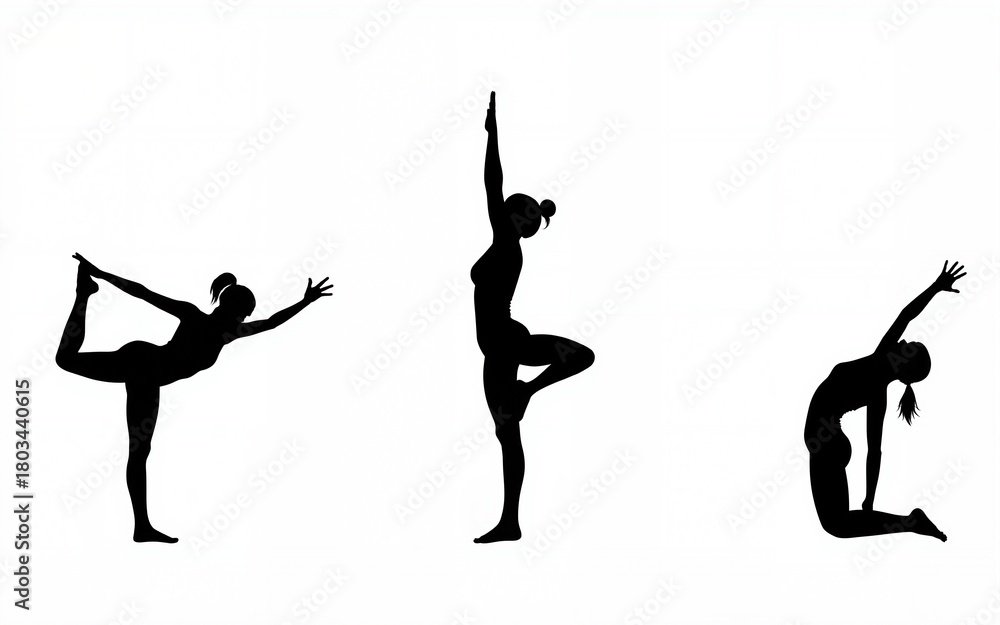 Fototapeta premium Young woman doing yoga or pilates exercises. Set of vector silhouette illustrations design isolated on white background. Icons, t-shirt graphics, print. High quality