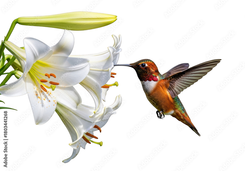Fototapeta premium Rufous hummingbird flying near white lily flowers pollinating nectar wildlife photography isolated on transparent background