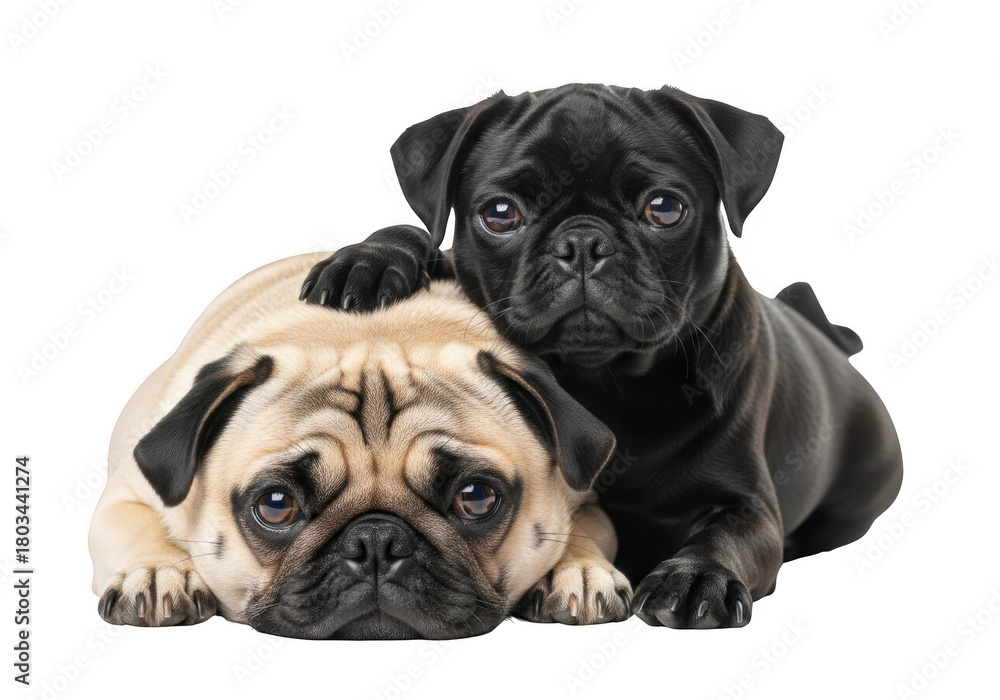 Obraz premium Adorable pug puppies: black and fawn pugs cuddling together, cute dog breed portrait, pet animal photography, isolated on transparent background