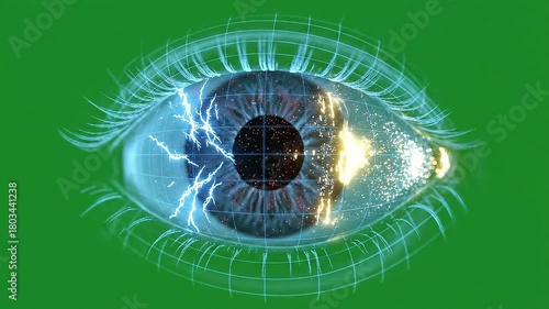 Futuristic 3D Medical Visualization of a Human Eye Anatomy on a Pure Green Screen Background with Digital Data Overlay and Glowing Particles