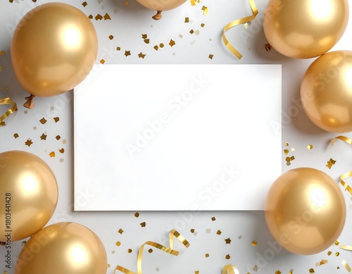 White card with golden balloons, confetti, and ribbons on a white surface
