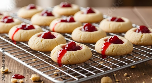 Delicious classic thumbprint cookies with cherry jam filling on a cooling rack