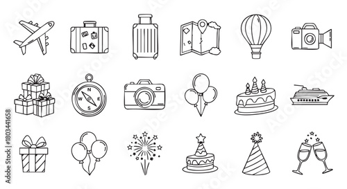 Hand drawn travel and celebration icons in black and white style