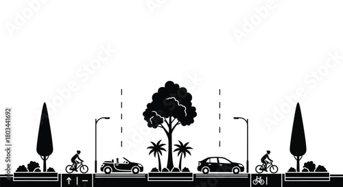Streetscape design black and white illustration with bike and car lane