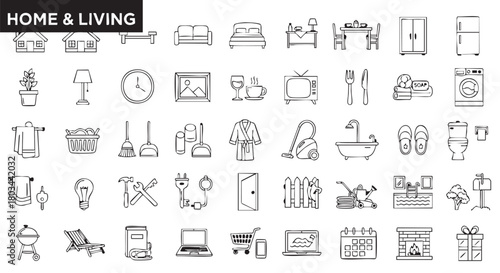 Home and Living doodle vector illustration with furniture and appliances