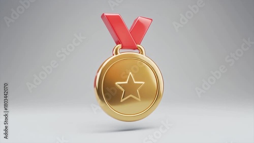 A gleaming gold medal with a prominent star design, suspended by a vibrant red ribbon against a neutral background.